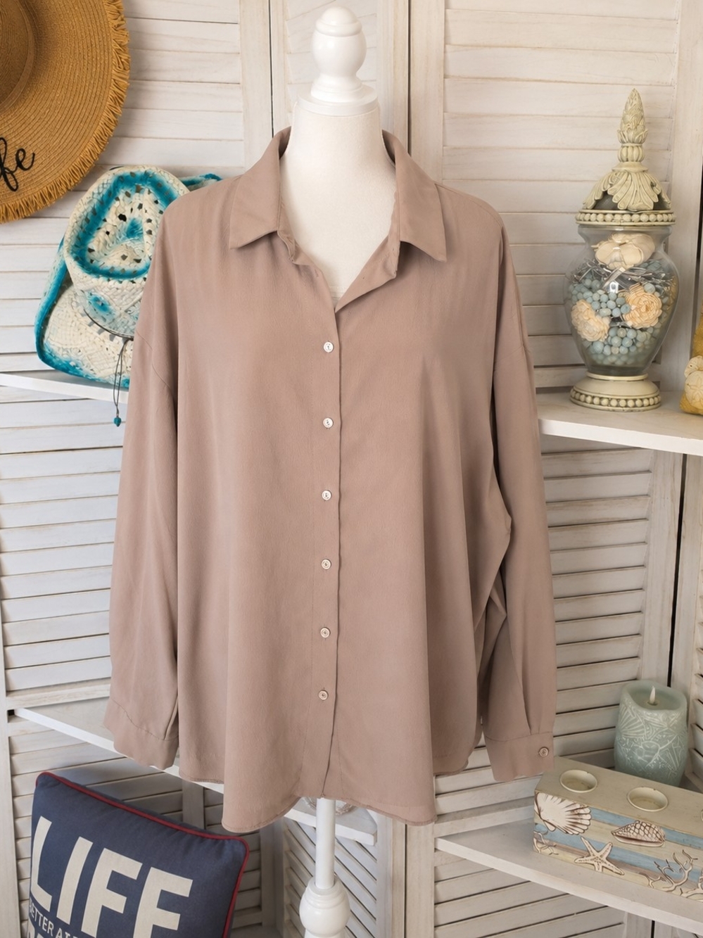 Relaxed Button-Front Shirt - Taupe - New Look Size 12